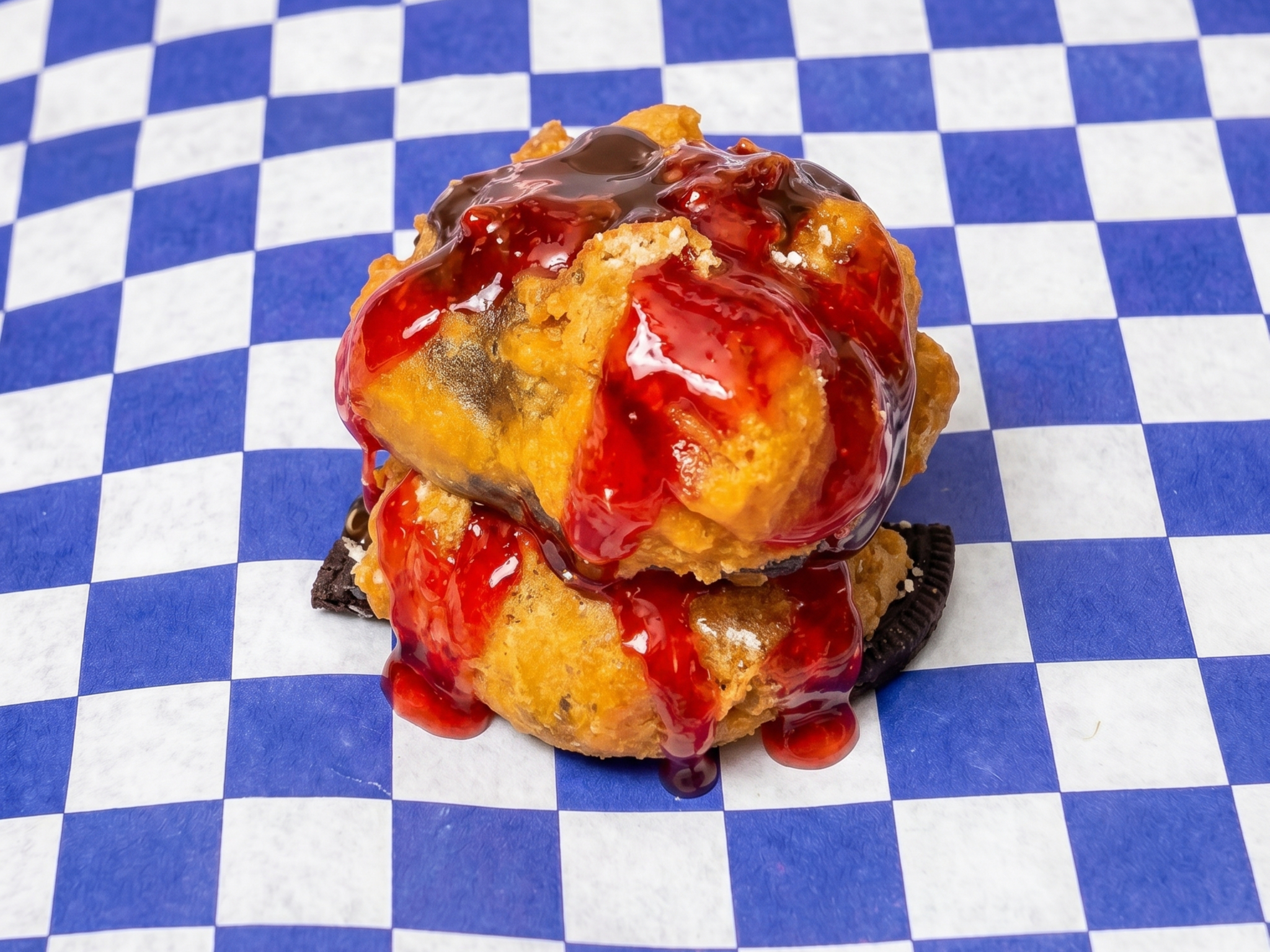 Deep Fried Oreos with Whipped Cream and Berry Sauce