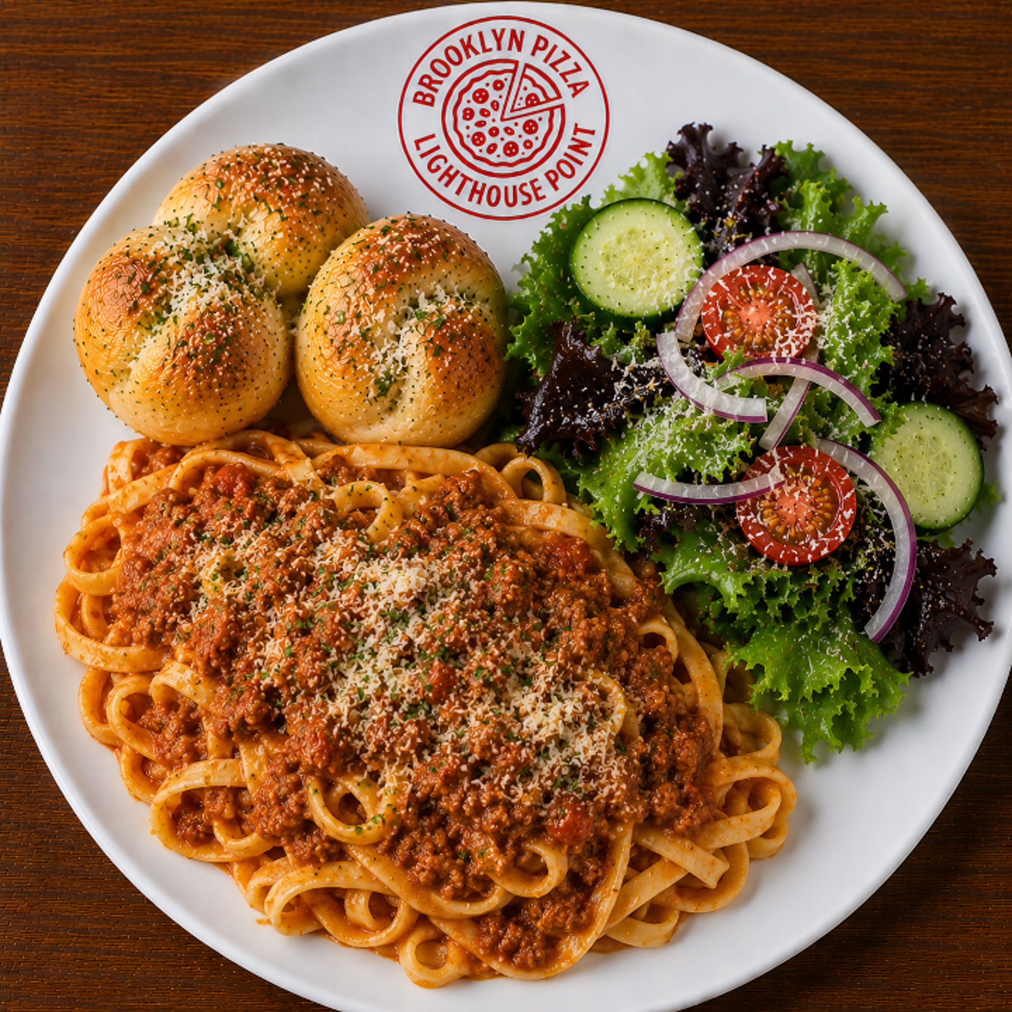 Lunch Pasta Bolognese (2 Garlic Knots + Side Salad)