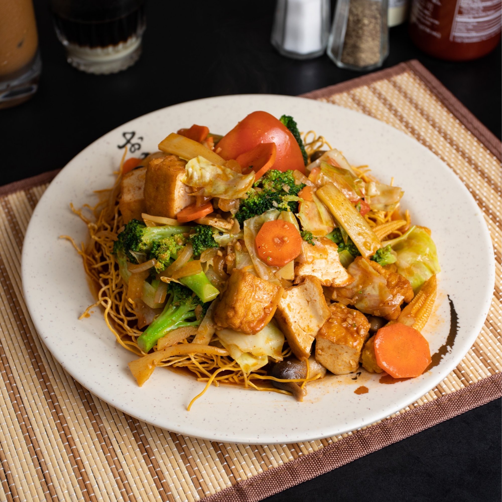 74. Bean cake, mixed veggie & crispy noodle (tofu, broccoli, mushroom, bamboo shoots, cabbage & c...