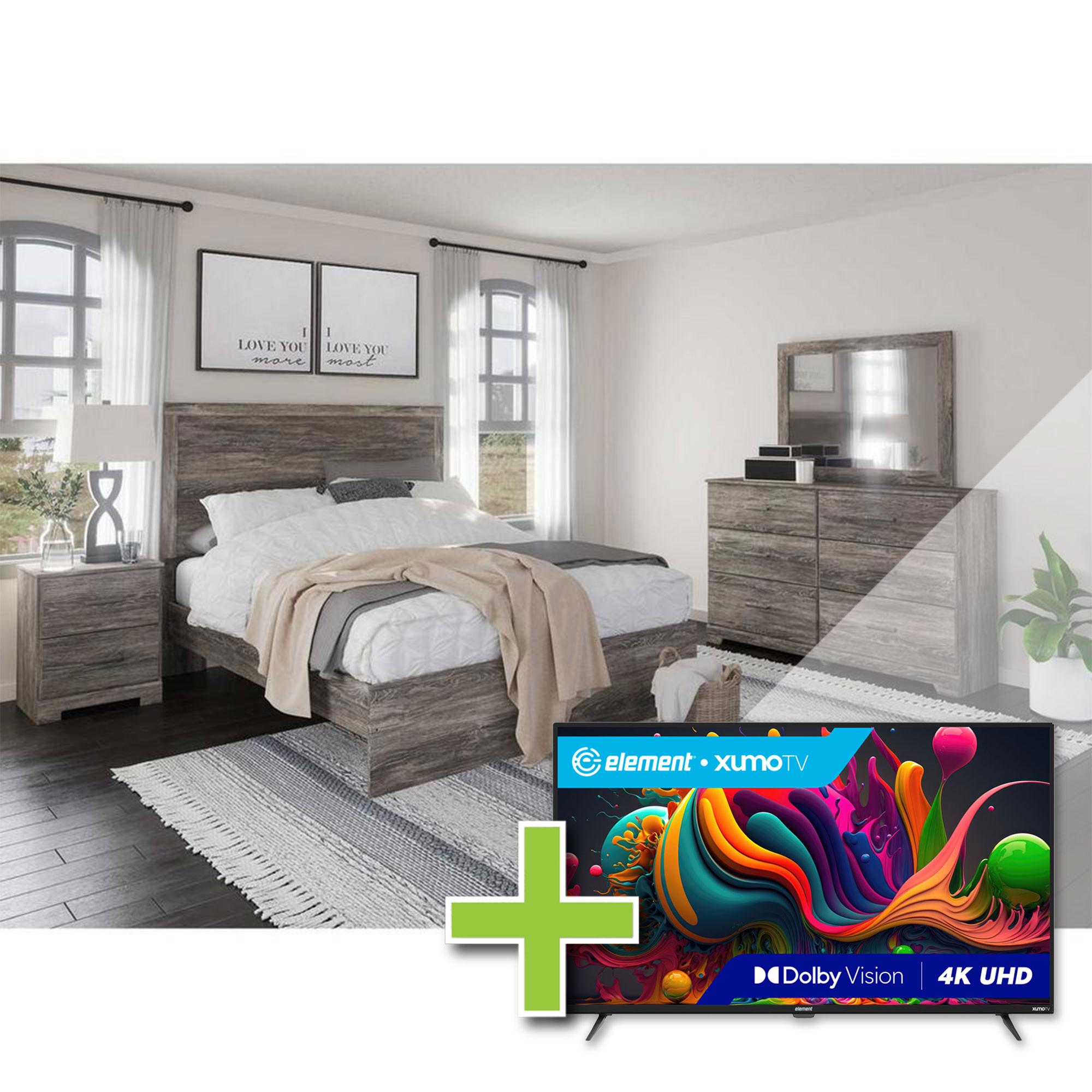 Queen Ralinski Bed w/Dresser, Mirror, Nightstand + 50" Element TV