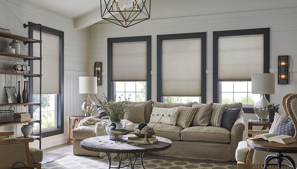 These stunning Honeycomb Shades by Budget Blinds of Point Loma in this living room in La Jolla, CA are everything! The textured shades create an effortlessly modern look that can be incorporated into any room of your house.  BudgetBlindsPointLoma  WindowWednesday  HoneycombShades  FreeConsultation
