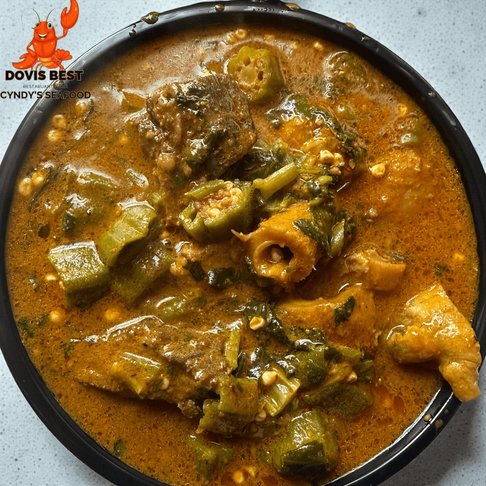 Okra Soup with Garri, Pounded Yams