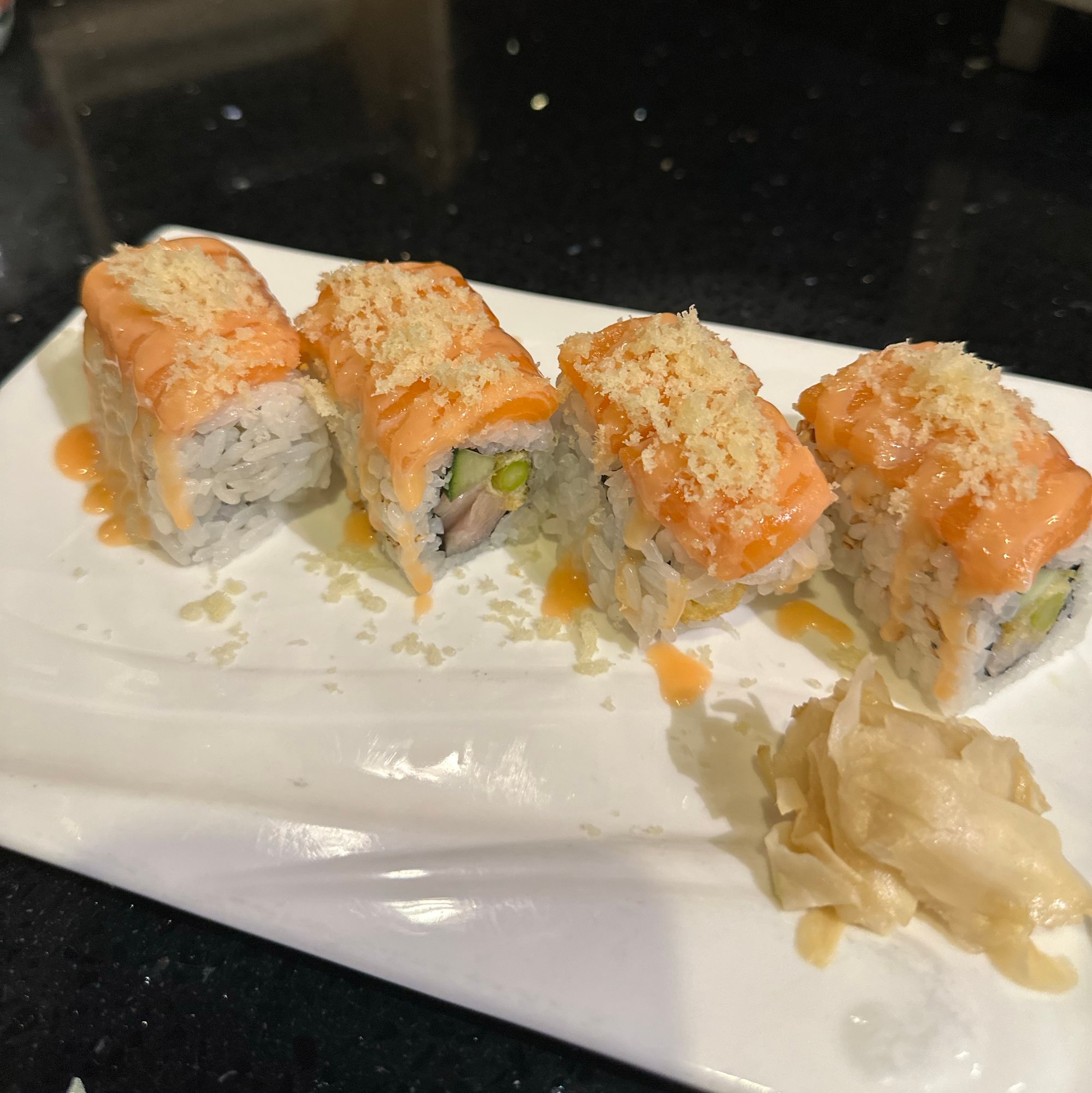 Honey Bunny Roll - Yellowtail, tempura asparagus and cucumber inside, …n, tempura crunchy and spe...