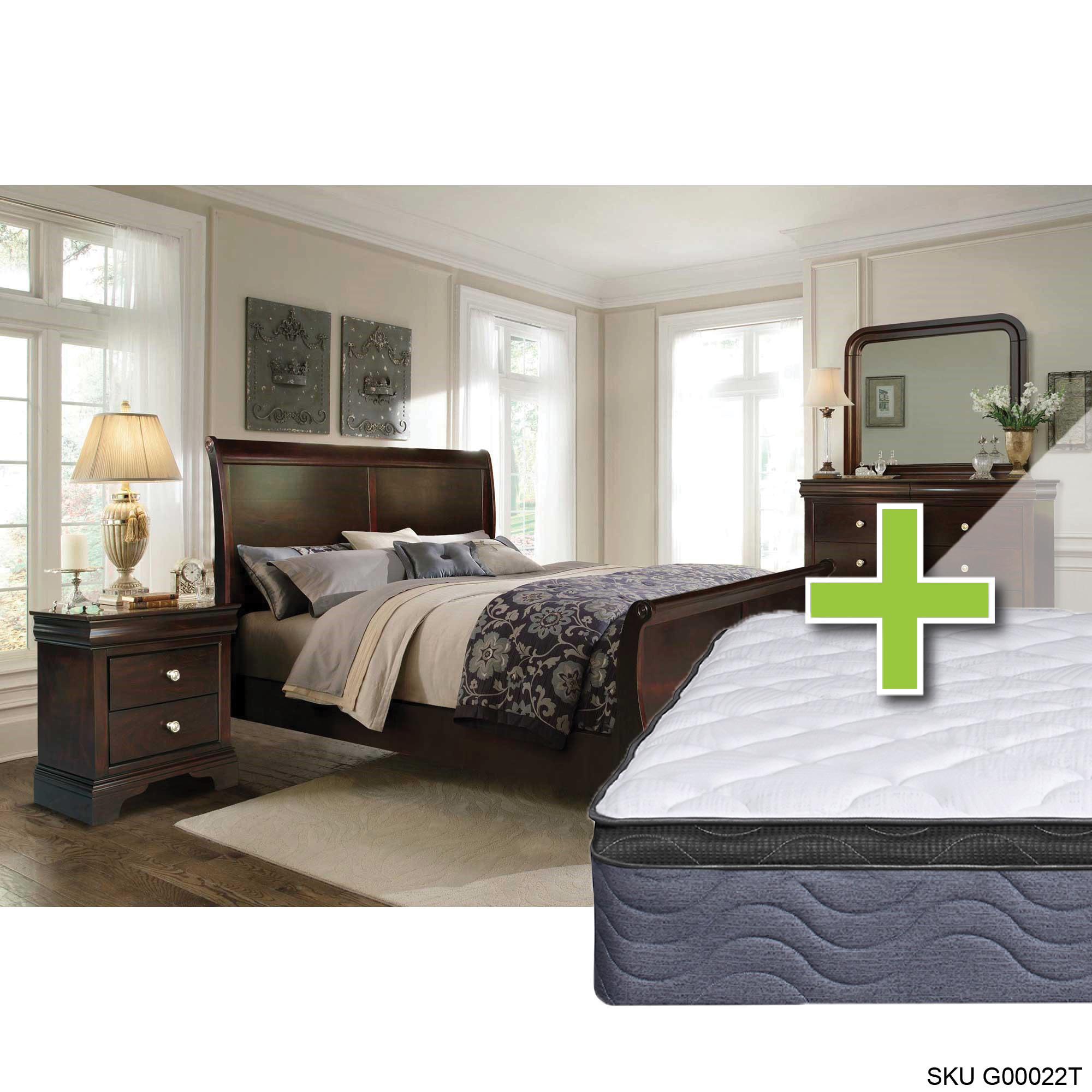 Queen Dominique Bed w/9.5" Pillow Top Med. Plush Mattress & Dresser, Mirror, Nightstand