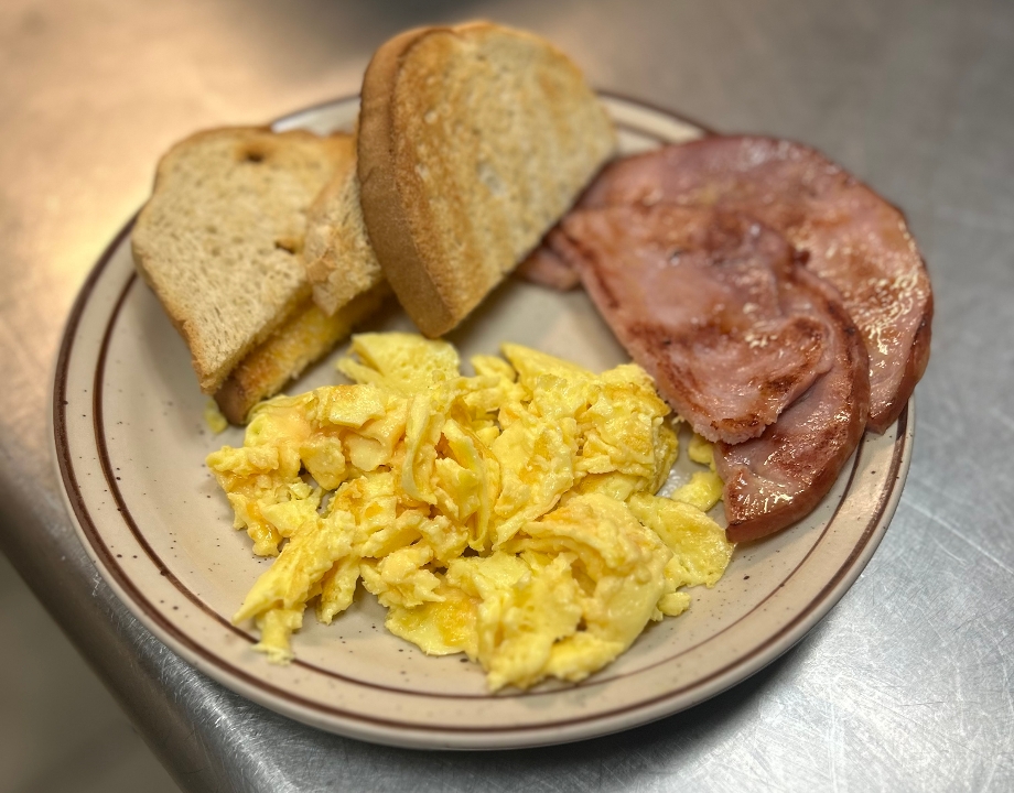 #2) 2 eggs, meat, toast