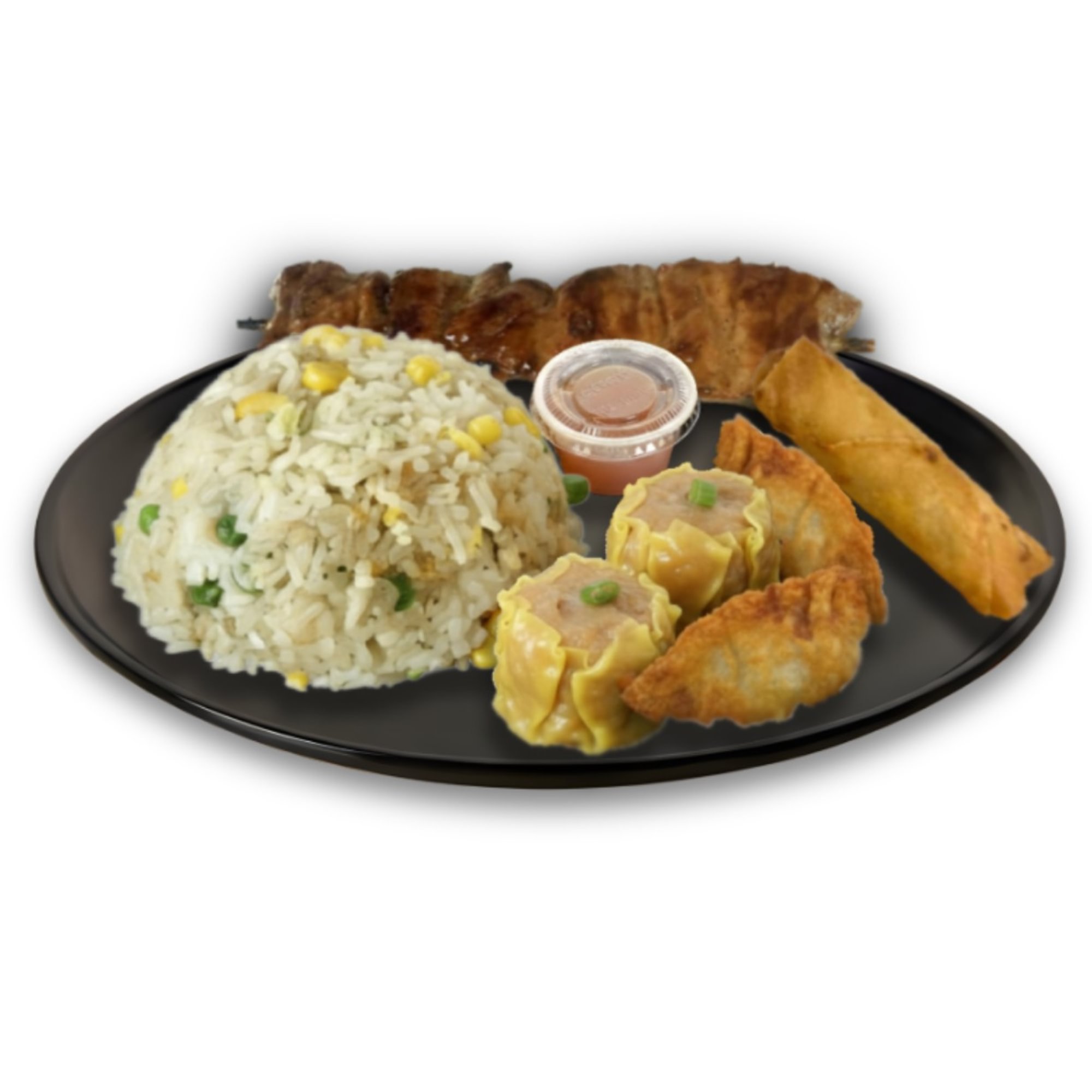 C8 - Fried Rice, 2 Pieces Dumplings, 2 pieces Siomai, 1 Piece Lumpia & 1 Stick BBQ Skewer (Pork o...