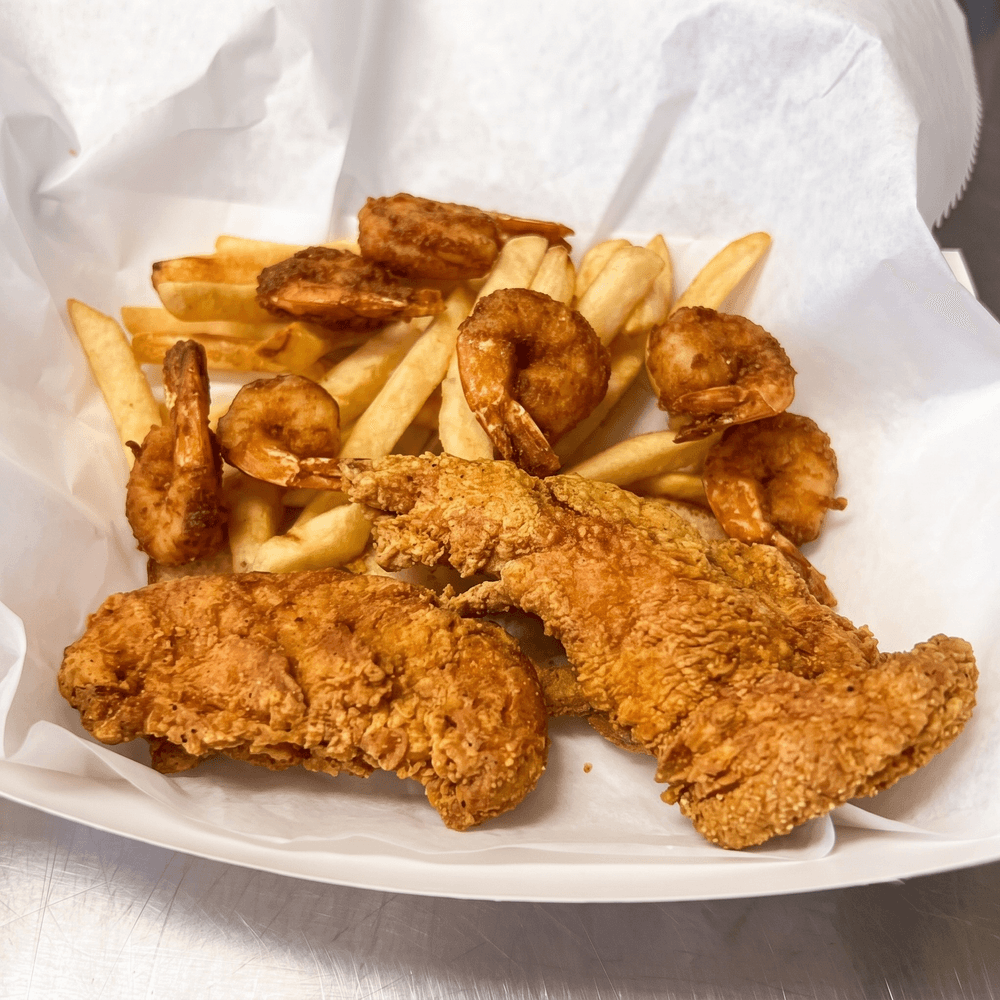 2 Pc Chicken Tender, 10 Shrimp and Fries