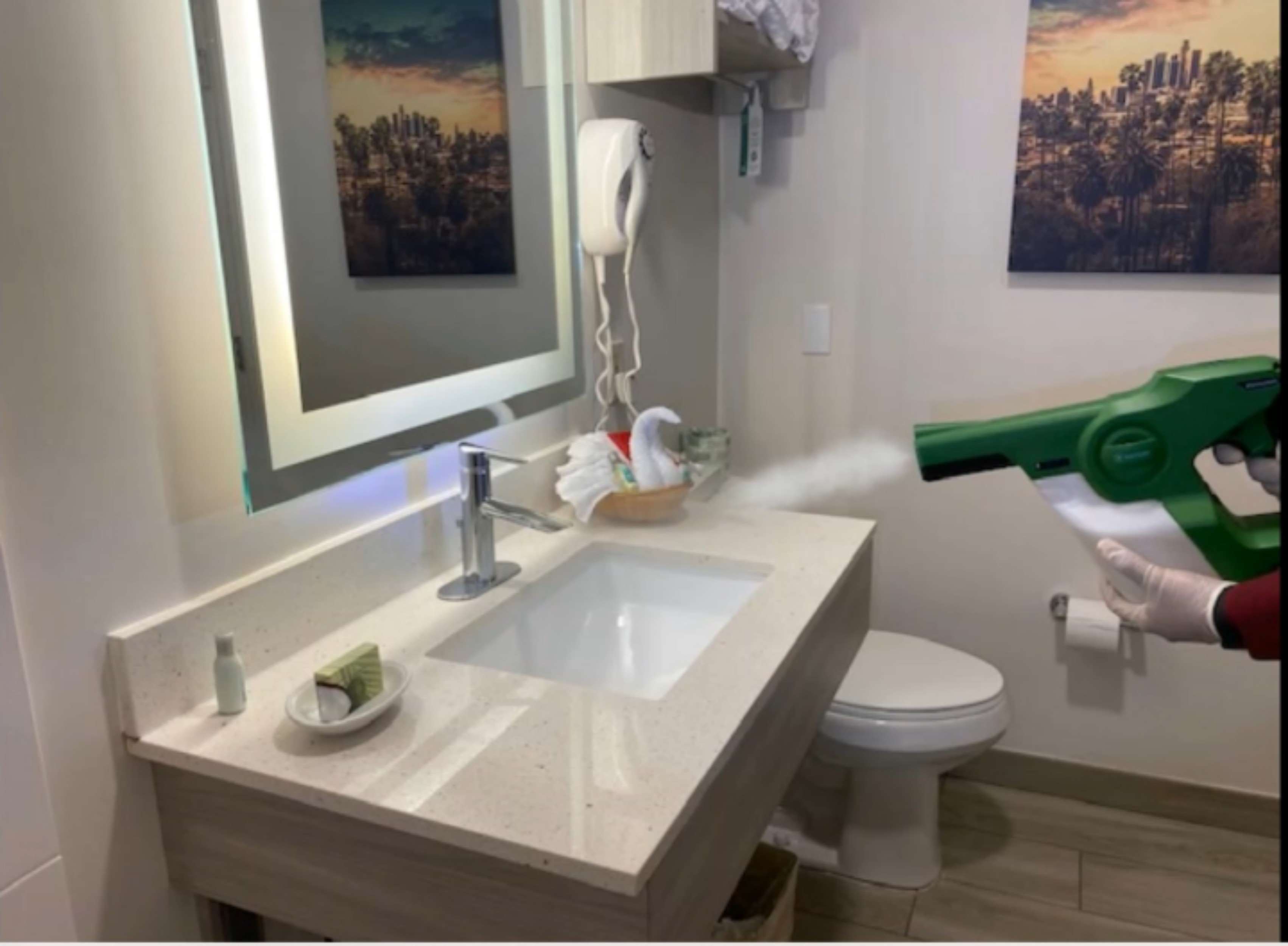We use advanced electrostatic equipment to disinfect guest rooms.