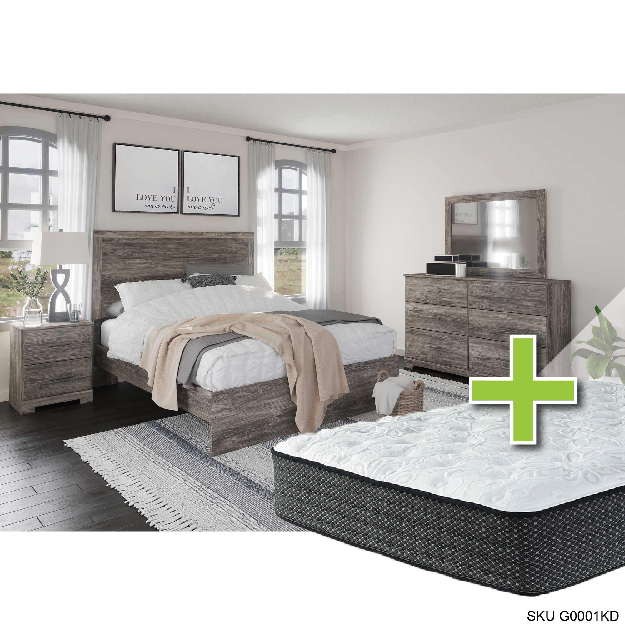Queen Ralinski Bed w/Alpine Elite Tight Top Med. Mattress & Dresser, Mirror, Nightstand