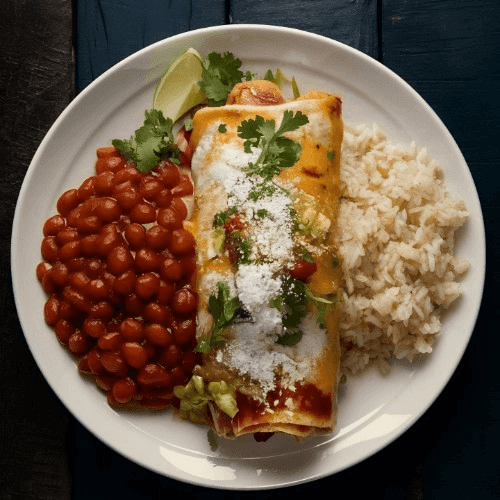 Kids' Cheese Enchilada with Rice and Beans