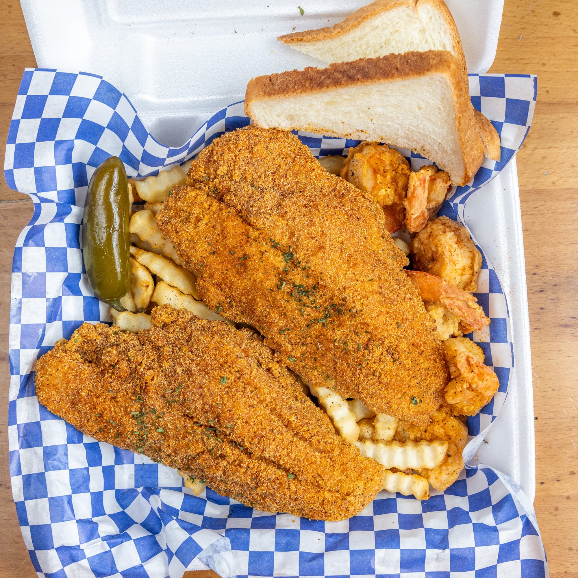 2 Piece Catfish/W 6 Shrimp and Fries