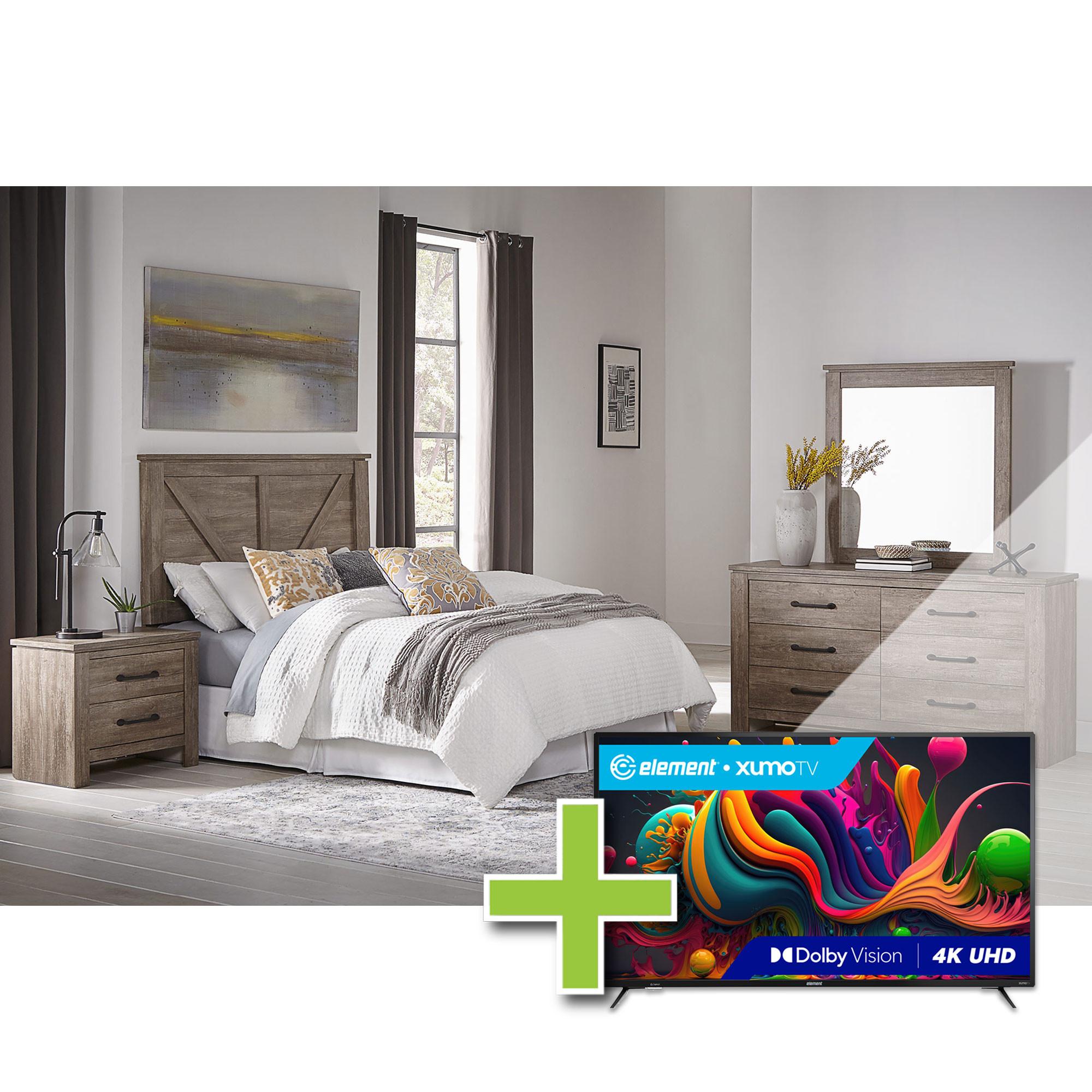 Queen Adorna Bed w/Dresser, Mirror, Nightstand + 55" Element TV