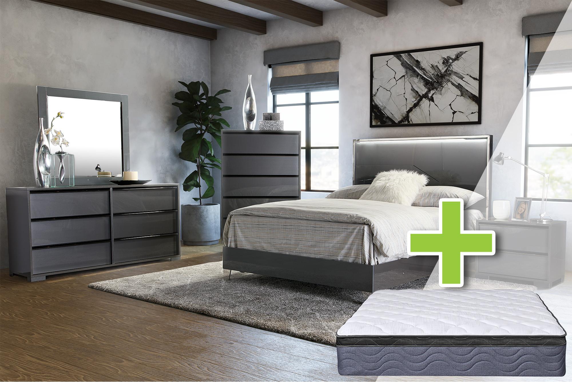 Queen Logica Bed w/Plush Mattress & Dresser, Mirror, Nightstand, Chest