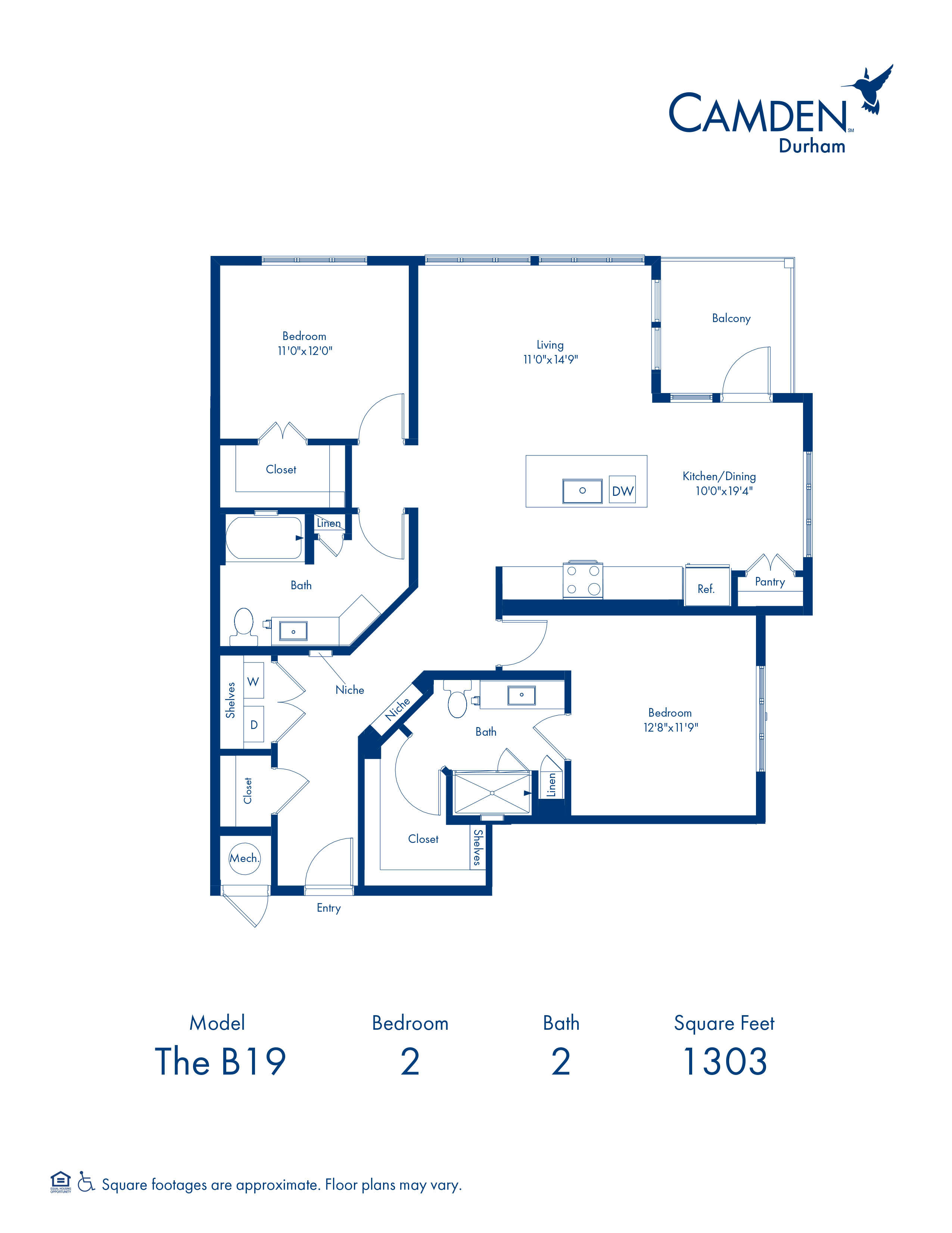 B19 Floor Plan with 2 Bedrooms and 2 Bathrooms at Camden Durham in Durham, NC