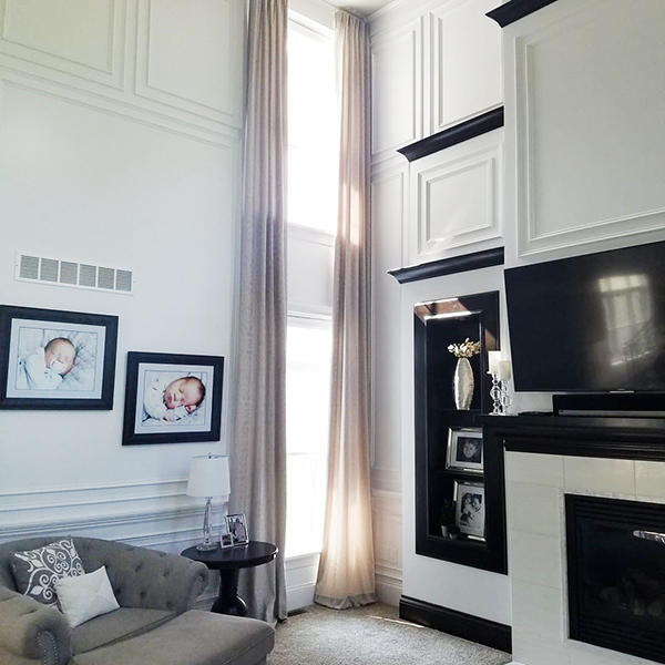 Drapery in a room with super high cathedral ceilings. Budget Blinds can install window treatments in even your hardest to reach locations. 20 ft ceilings? No problem!  blinds  drapery  custom