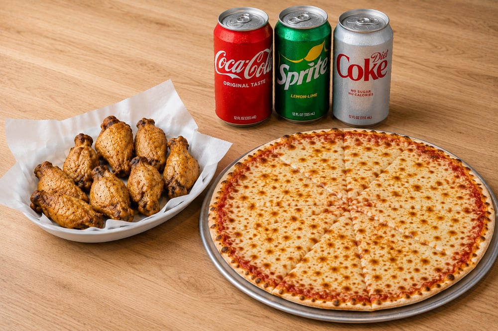 1 Large Pizza 14'' + 10 Wings + 3 Soda Cans