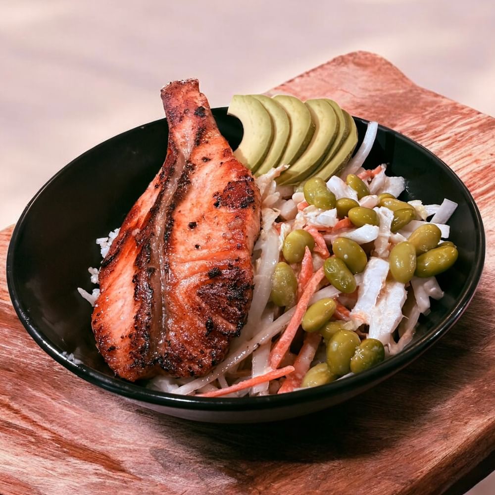 Cooked Seared Salmon Garlic Fried Rice Bowl