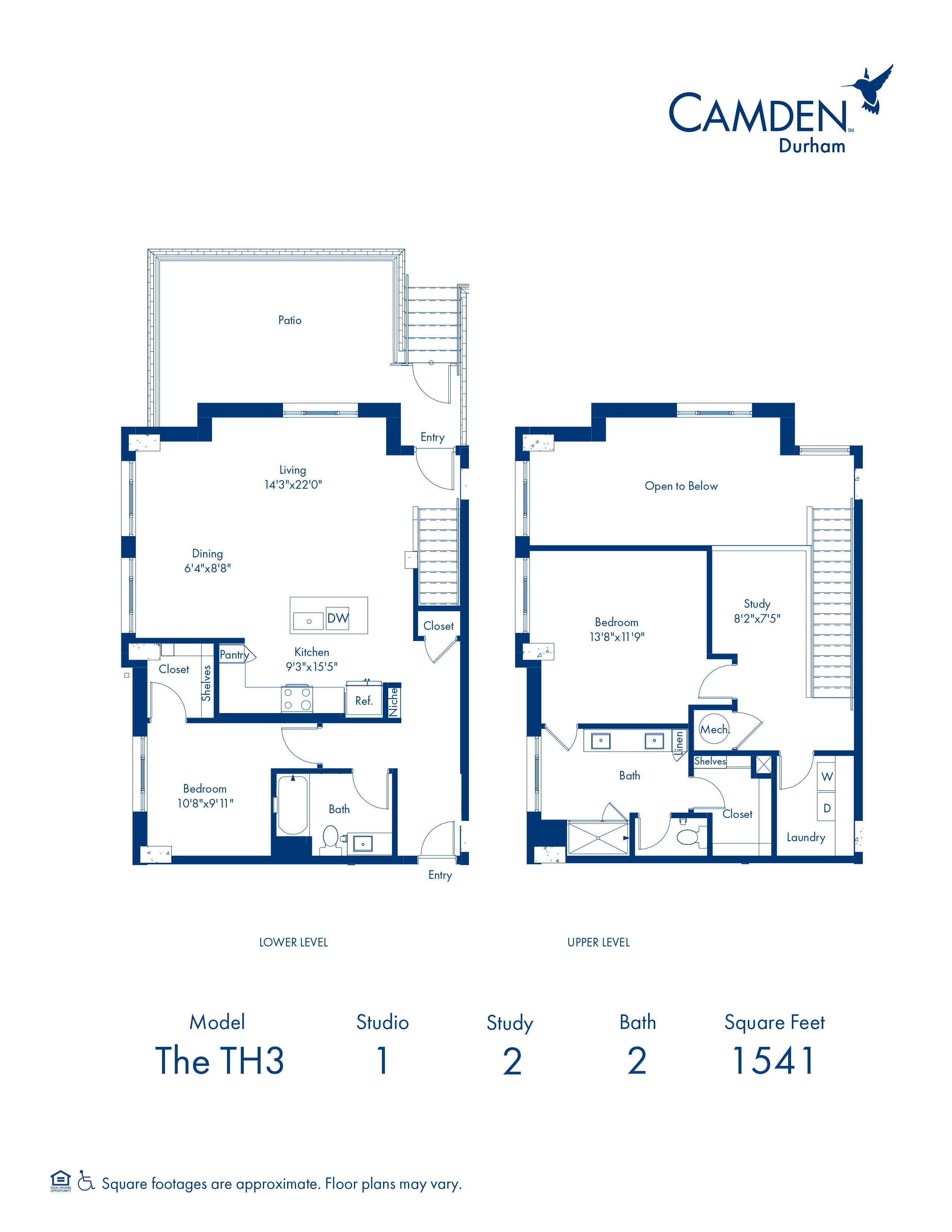 TH3 Floor Plan with 2 Bedrooms and 2 Bathrooms at Camden Durham in Durham, NC