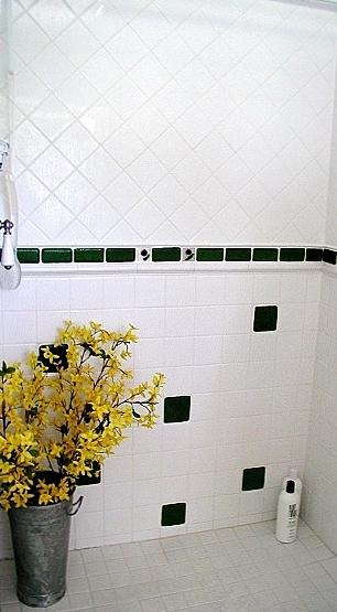 Color and style ideas came from this shower. White tile above and below the tile chair rail is set differently to give interest. The green glass accent tiles give punch to the bathroom design.