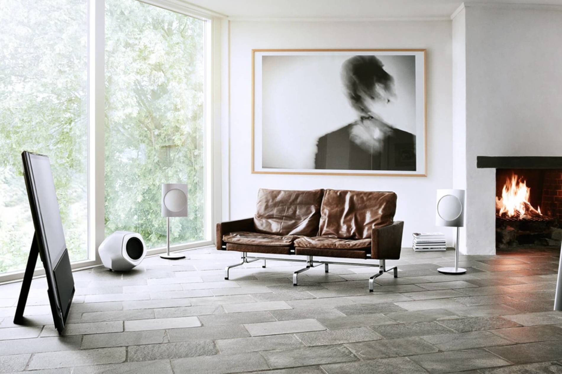 BeoVision Horizon TV in a living room with large windows and indoor fireplace