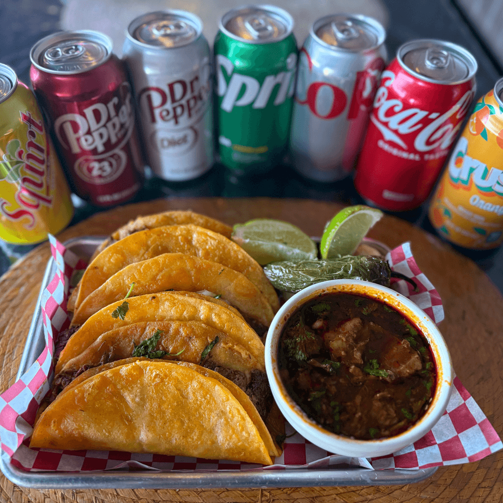 3 QuesaBirria tacos, 1 console and 1 can soda