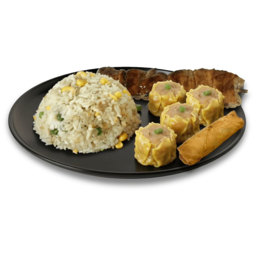 C10 - Fried Rice, 4 Pieces Siomai, 1 Piece Lumpia & 1 Stick BBQ Skewer (Pork or Chicken)