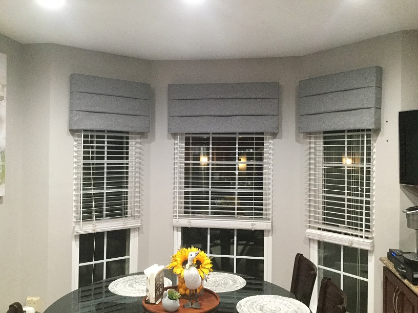 Add a Cornice Mock Roman above your existing window treatments can add texture and depth to your bay window. The end results are amazing!  BudgetBlindsPhillipsburg  FreeConsultation  WindowWednesday  CustomCornice  CorniceMockRoman