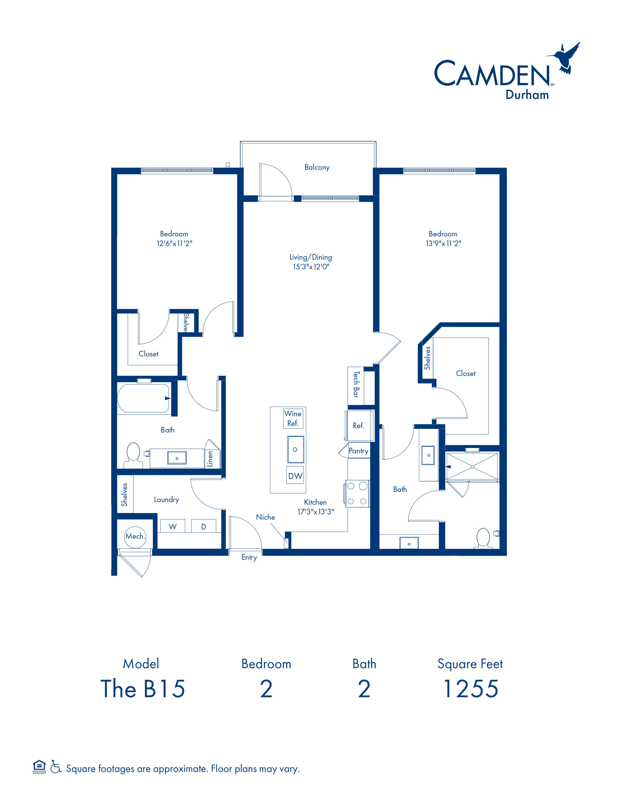 B15 Floor Plan with 2 Bedrooms and 2 Bathrooms at Camden Durham in Durham, NC