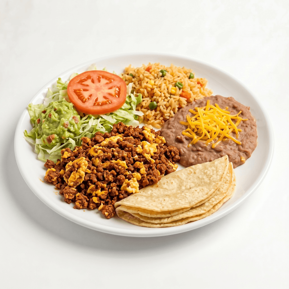 Combo #15- Chorizo con Huevo with Rice, Beans & Tortillas