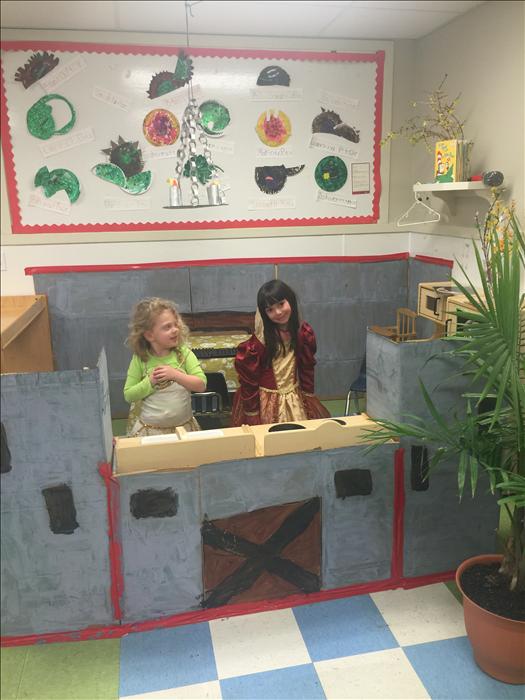 The children love learning about the medieval times. The children transformed their dramatic play into a castle completed with a fireplace and chandelier. They are using their imagination, being kings, queens, knights and even a dragon!!!!!