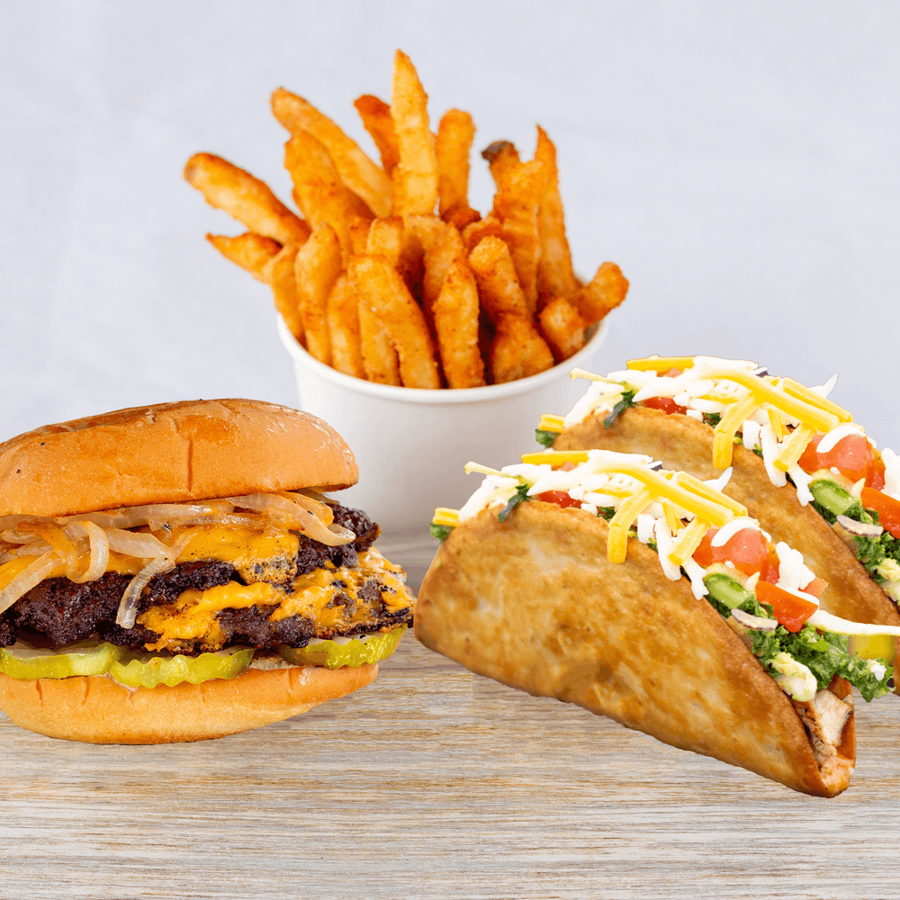 Single wagyu burger, Two Crunchy Tacos with fries