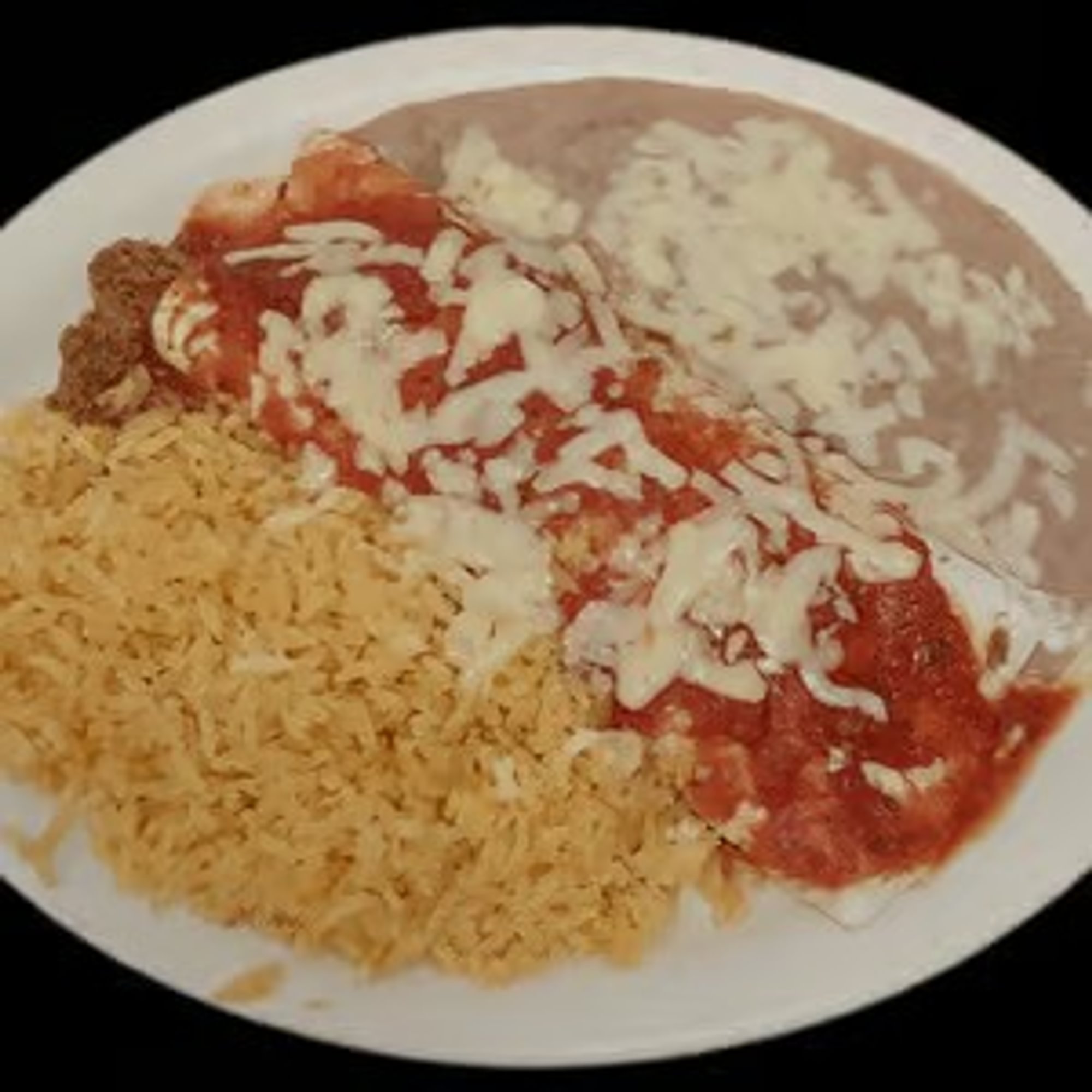L2. Beef Burrito, Rice and Refried Beans