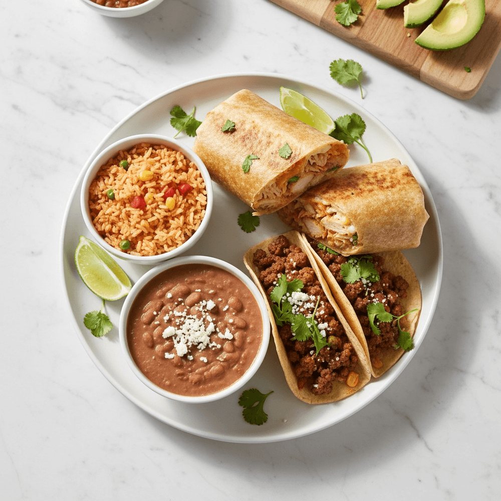8. Burrito, Taco, Rice and Refried Beans Combo