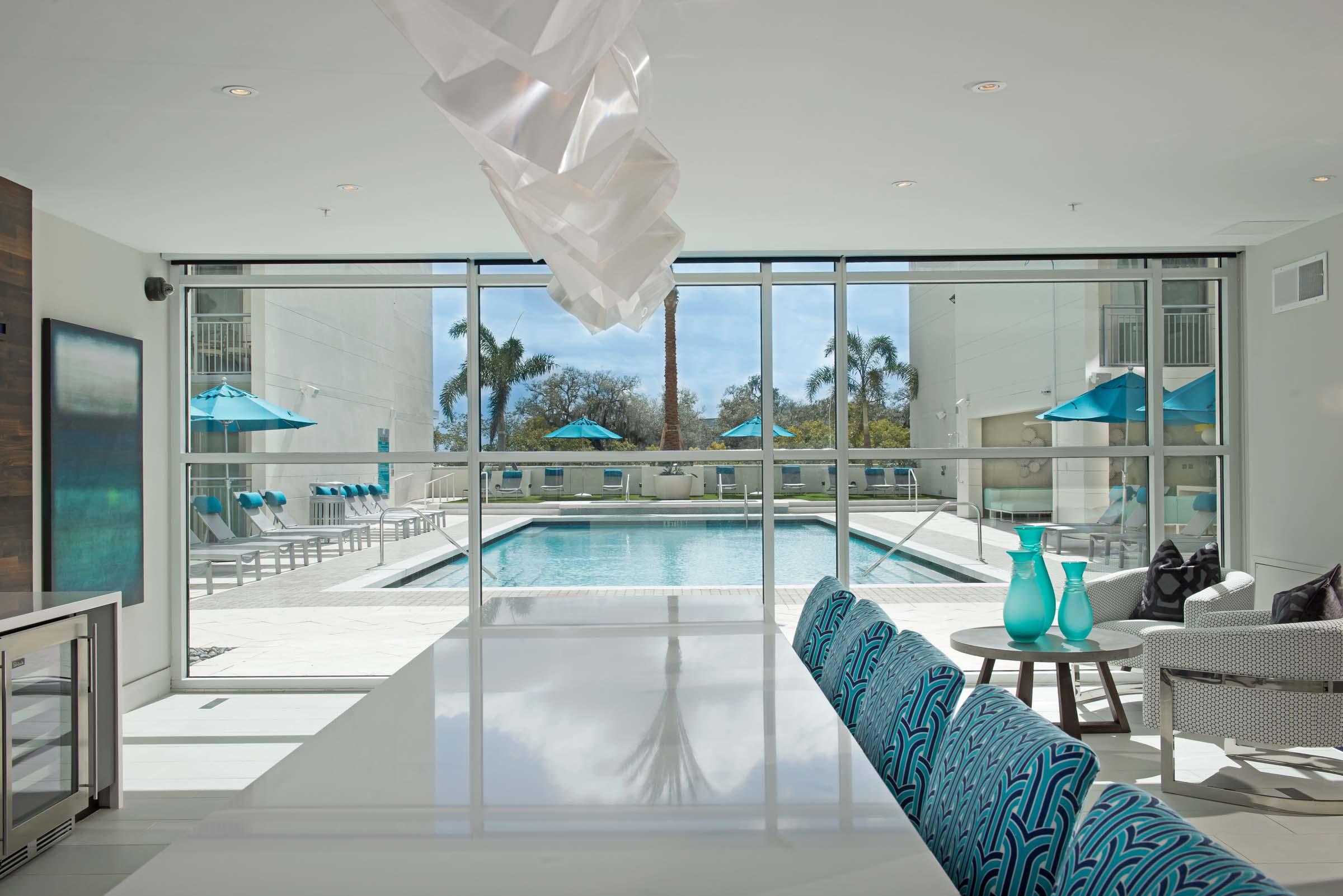 Resident lounge with pool view