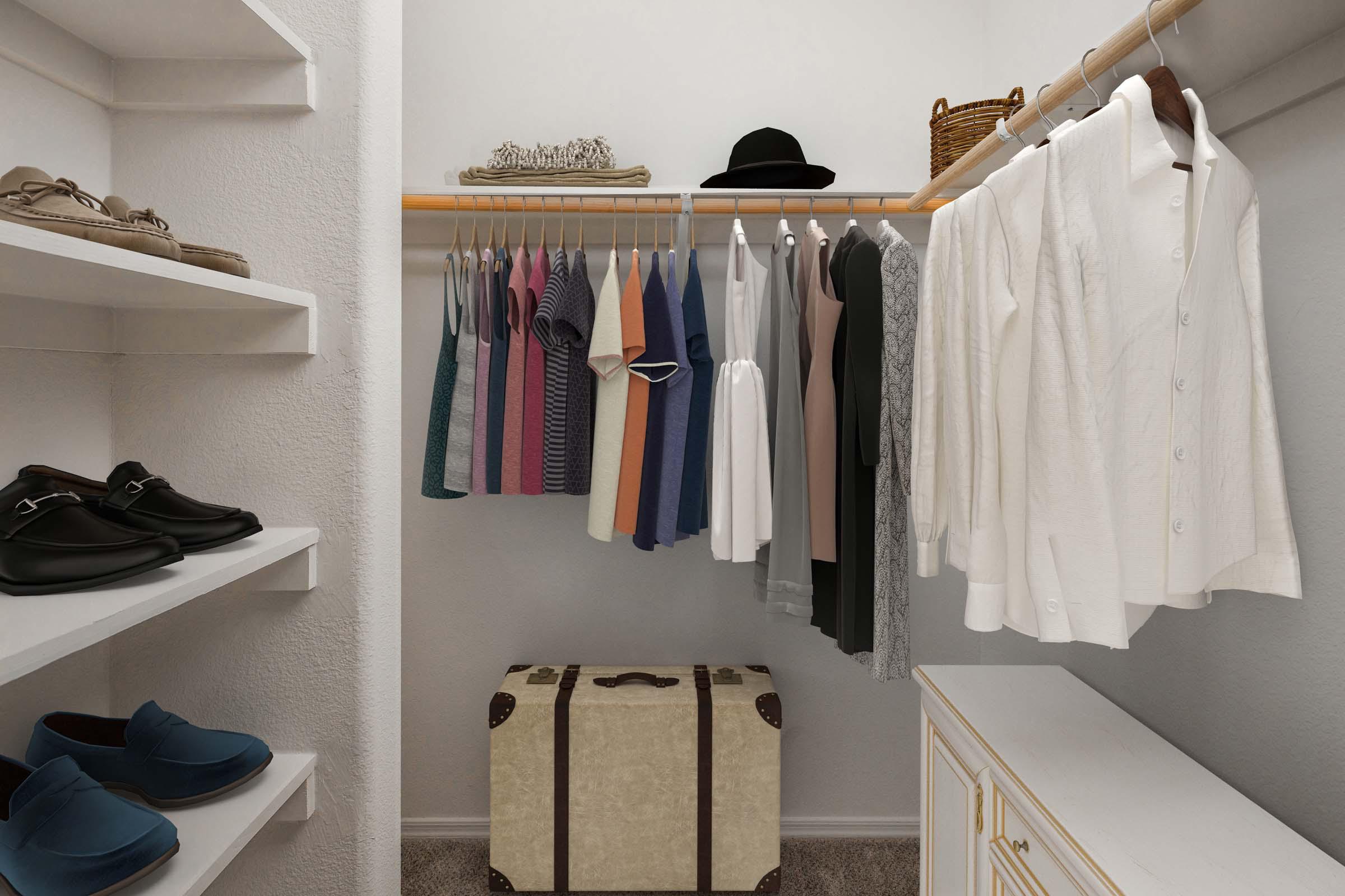 Walk-in closet with built-in shelves and wooden rods