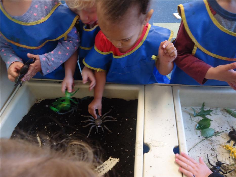 Our Discovery Preschool children exploring soil in the sensory table.