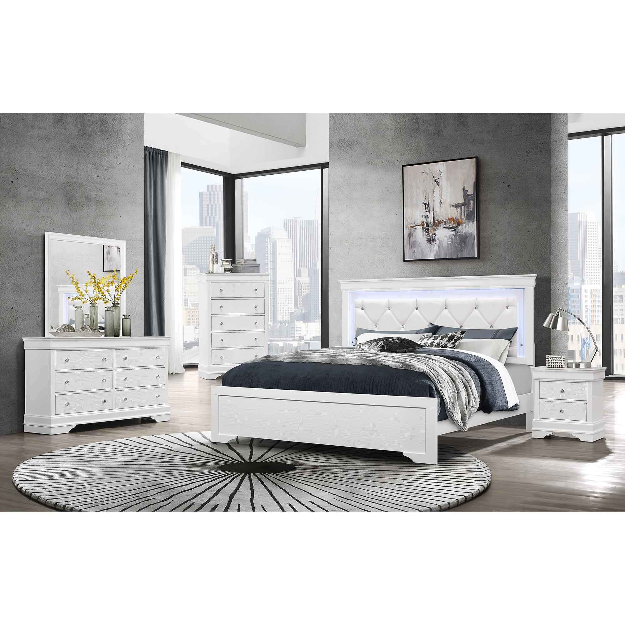 Full Pompei Bed - White w/Chest, Dresser, Mirror, Nightstand
