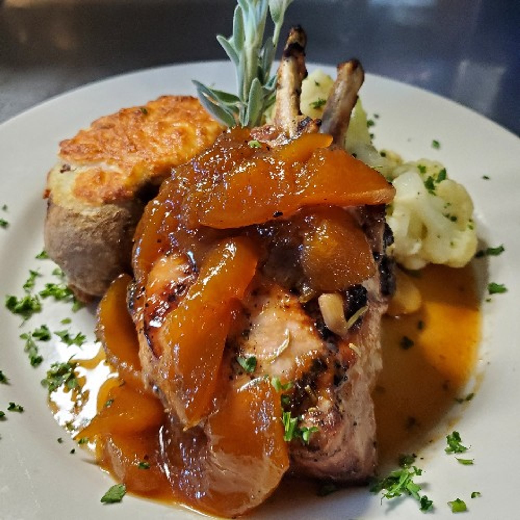 14oz Carlton Farms Double Cut Pork Chop, Frenched with Peach Chutney