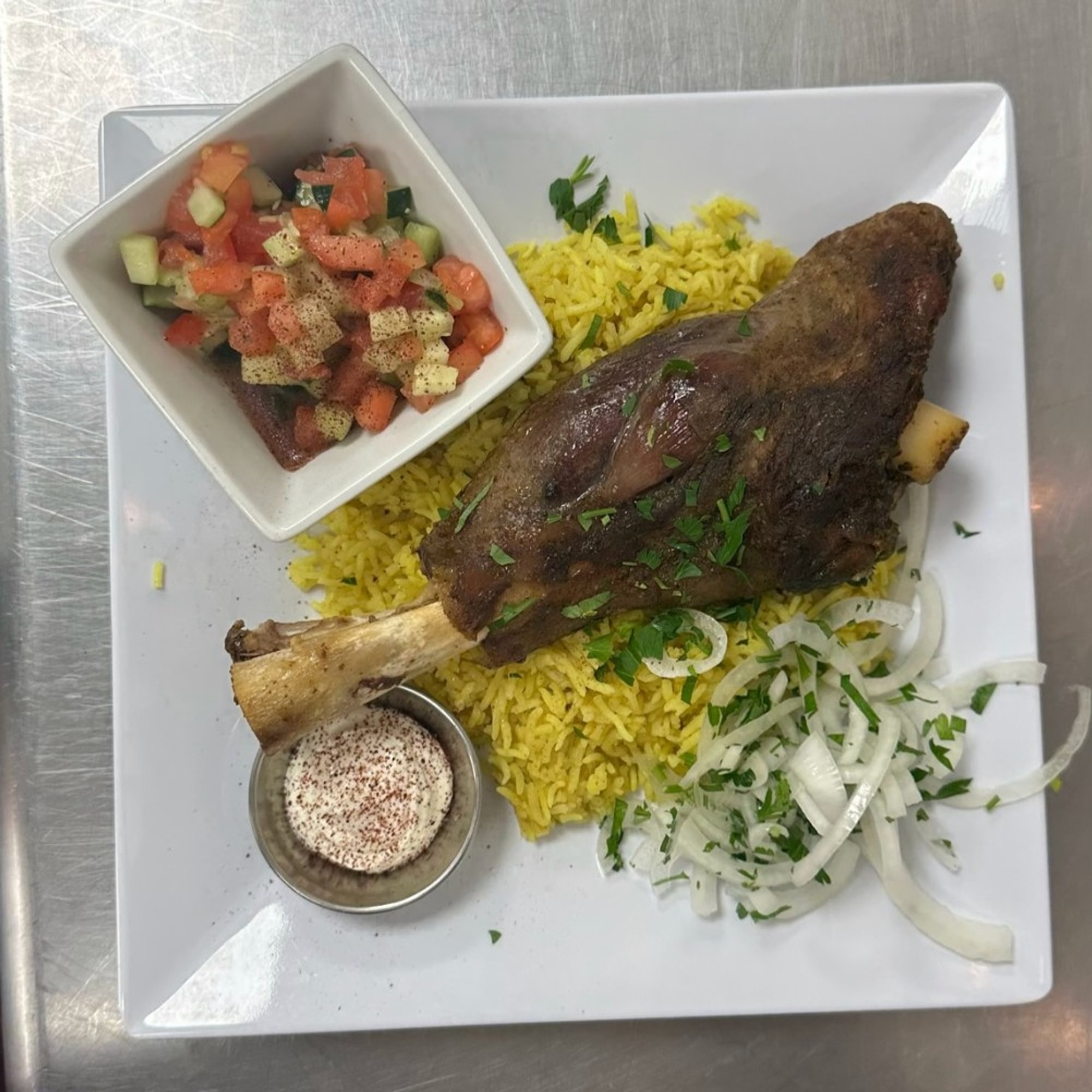 Slow cooked lamb shank