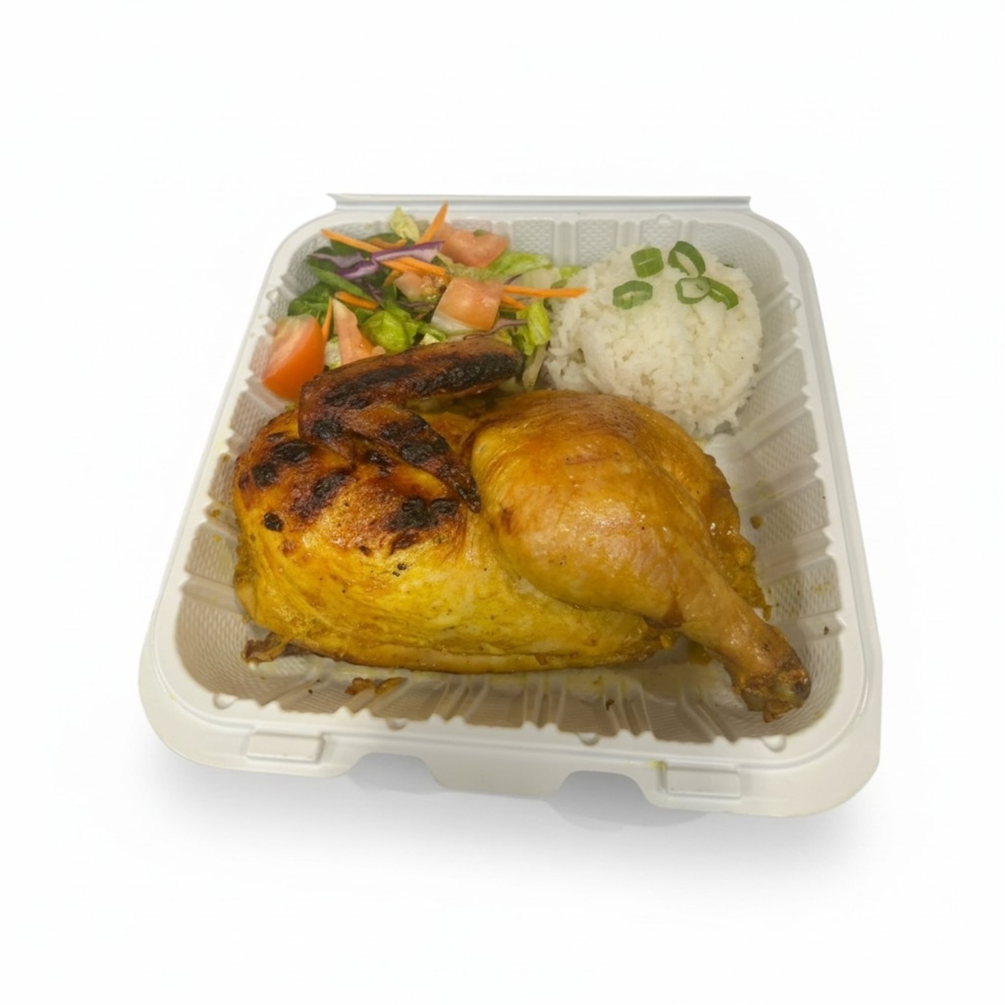 Fried Rice, Half BBQ Chicken, Green Salad