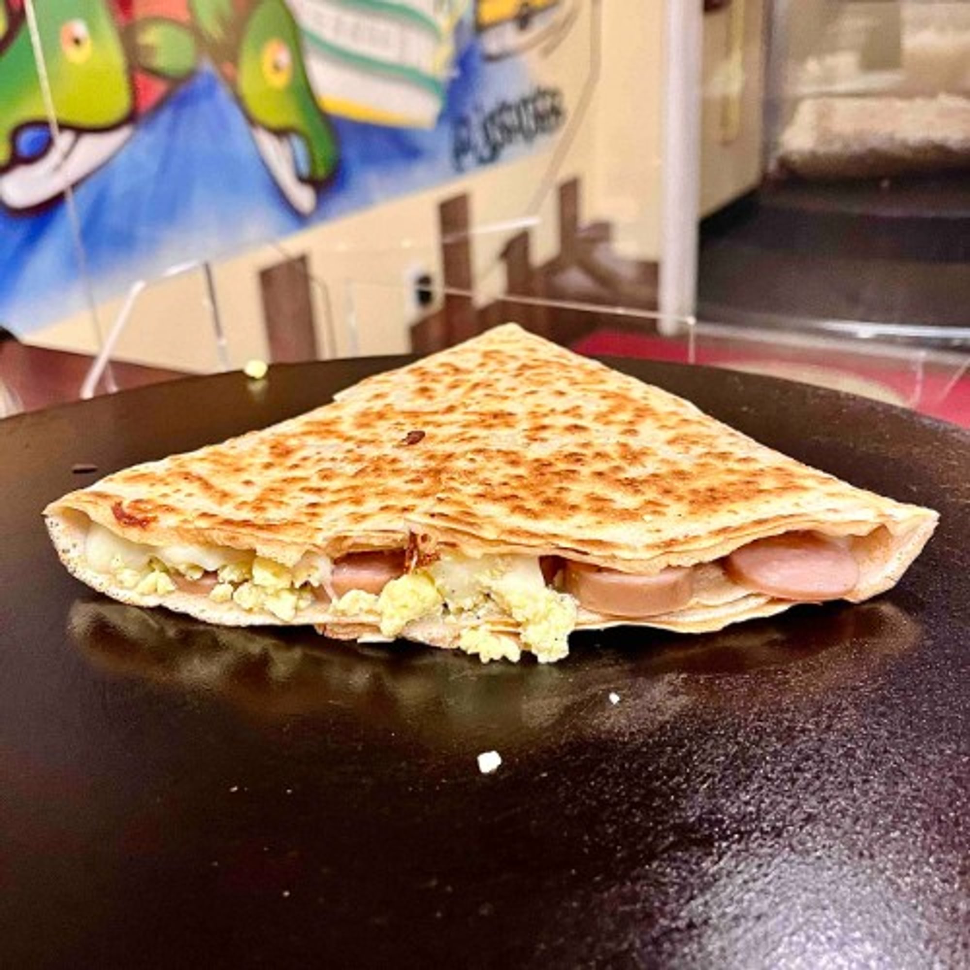 Cheese, Eggs and Bratwurst Crepe
