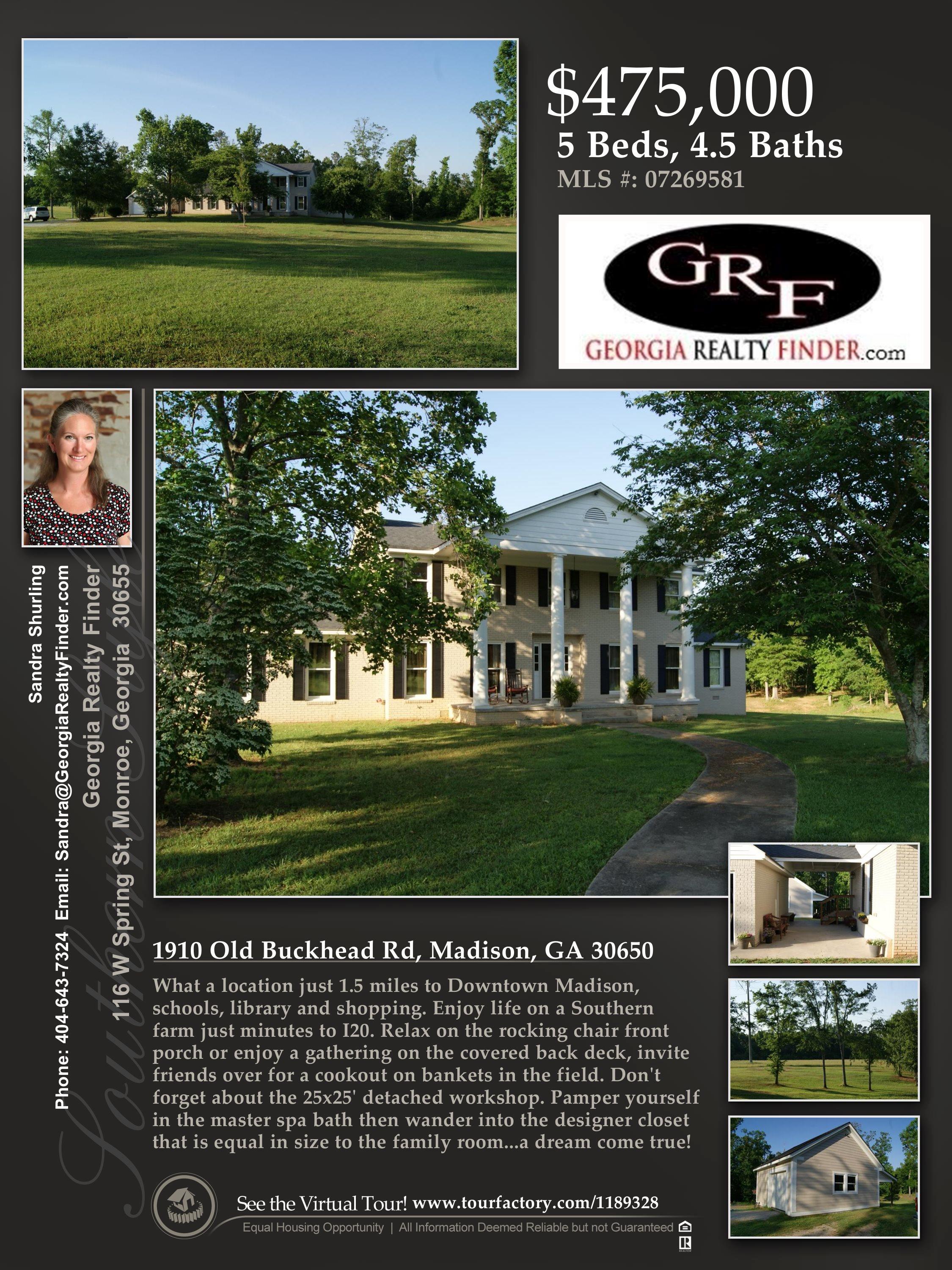 This property is just 1.5 miles from Downtown Madison and a few minutes from I20. A huge front porch, covered back deck, 25x25 detached workshop, master spa and designer closet makes this property a dream come true! For more information on this property, follow this link: http://www.tourfactory.com/idxr1189328. 