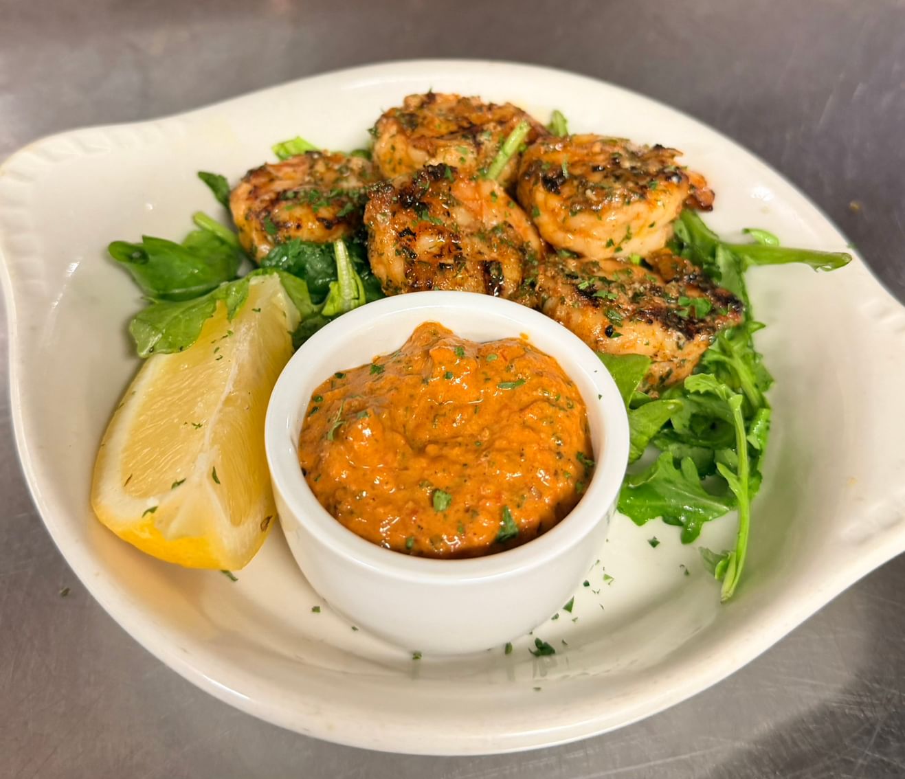 Fire- Grilled Prawns with Romesco