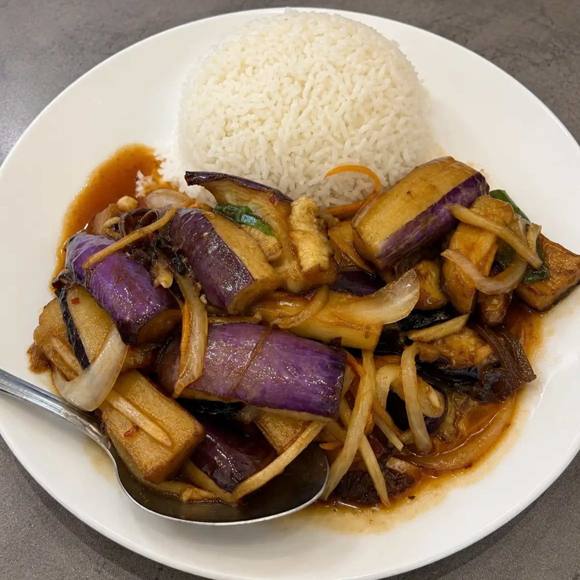 Eggplant With Garlic Sauce Over Rice