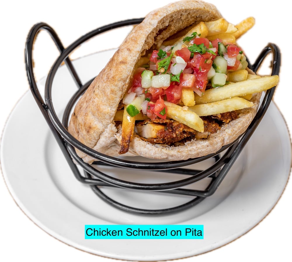 Chicken Schnitzel, FF, Tahini, Hummus, Israeli Salad