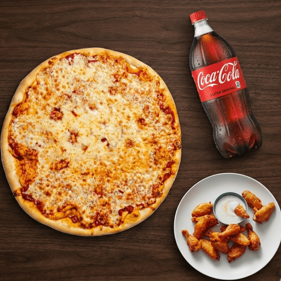 1 Large (16") Cheese Pie, 20 Wings & 2 Liter Soda