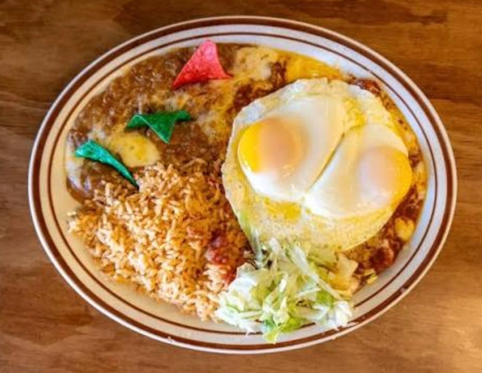 3 eggs, beans, rice