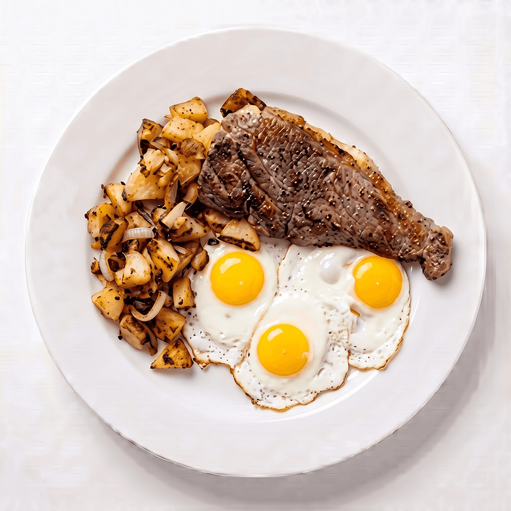 Steak Tips and 3 Eggs