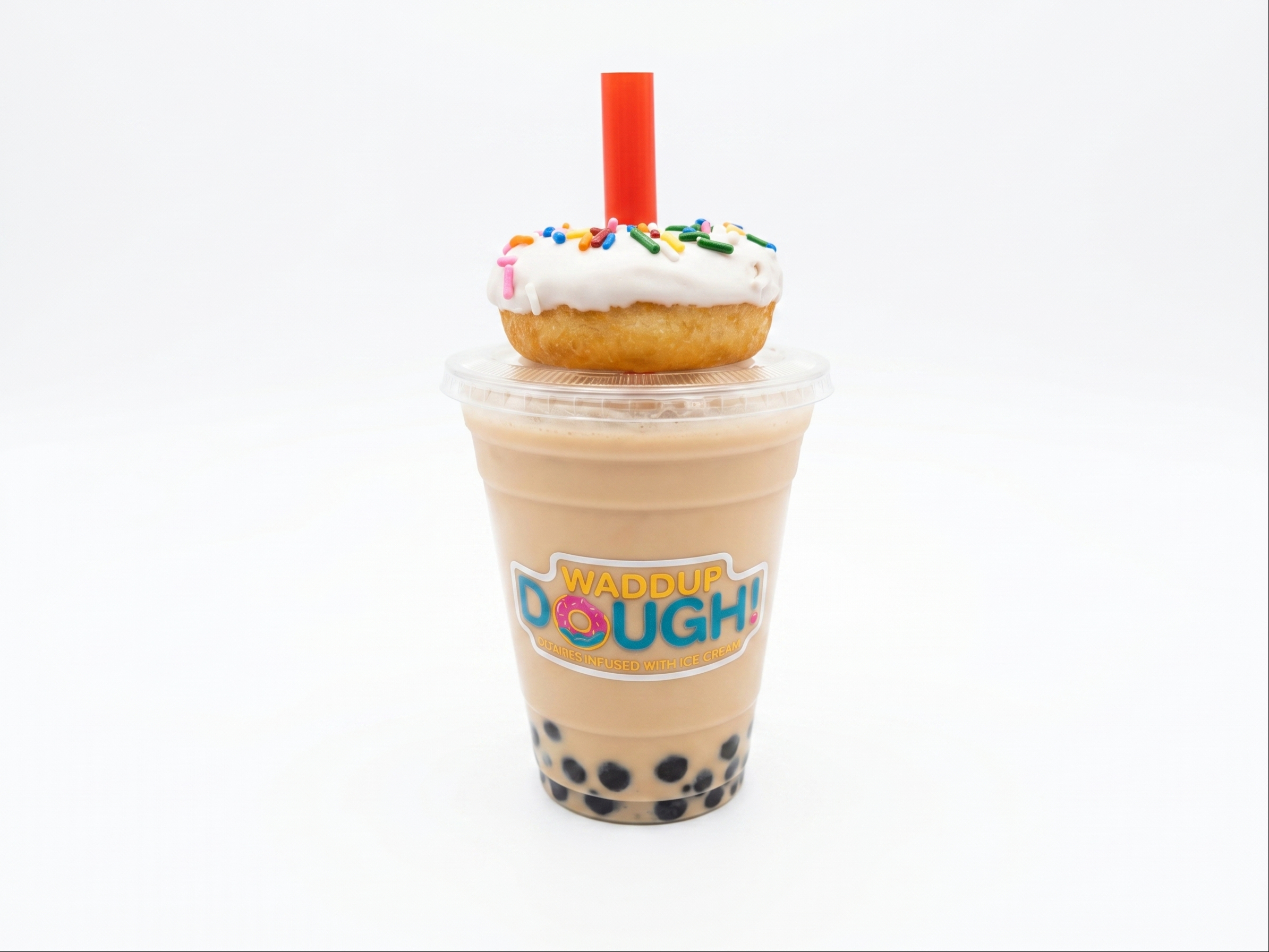 Black Milk Tea Shake w/ Boba + Donut