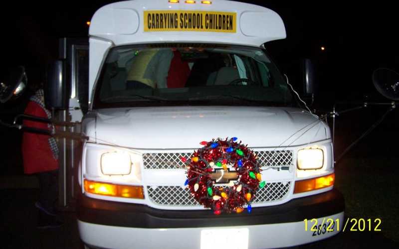 The KinderCare bus all decked out for caroling!